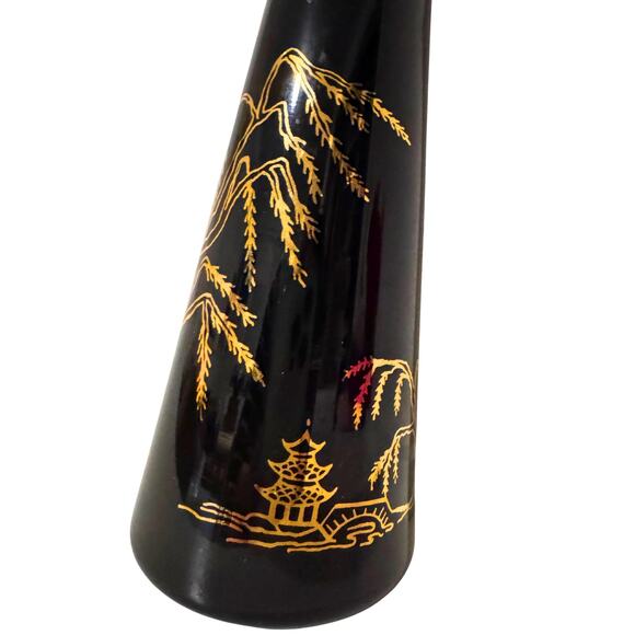 Vintage Black Glass Vase Gold Pagoda & Willow Tree Design - Picture 7 of 11